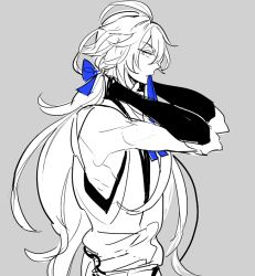 Rule 34 | 10s, 1boy, black gloves, bow, from side, gloves, hair bow, japanese clothes, kogitsunemaru, male focus, monochrome, mouth hold, ribbon, solo, spot color, touken ranbu, zikka