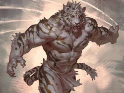 Rule 34 | 1boy, bara, brush stroke, claws, commentary, cowboy shot, english commentary, fangs, furry, furry male, highres, loincloth, looking at viewer, male focus, muscular, muscular male, open mouth, original, scratching, simple background, solo, tail, taran fiddler, tiger boy, tiger tail, topless male, whiskers, white eyes, white loincloth