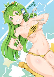 Rule 34 | 1girl, animal print, antenna hair, bikini, blue background, blush, body blush, boots, breasts, commentary request, cosplay, crossed bangs, dated, foot out of frame, frog hair ornament, green eyes, green hair, grin, hair ornament, kei jiei, kochiya sanae, large breasts, long hair, looking at viewer, lum, lum (cosplay), navel, outline, print bikini, print footwear, shiny skin, sidelocks, single hair tube, small horns, smile, snake hair ornament, solo, swimsuit, tiger print, touhou, urusei yatsura, v, very long hair, white outline