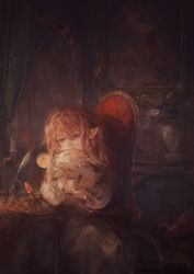 Rule 34 | 1girl, brown hair, chair, curtains, dress, final fantasy, final fantasy xiv, hair down, highres, ink bottle, lalafell, moogle, nanamo ul namo, nightgown, plant, pointy ears, portrait, portrait (object), quill, room, sitting, sukly, tiara, tiara removed, vase