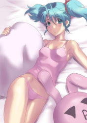 Rule 34 | 1girl, aqua eyes, aqua hair, bed, bed sheet, char&#039;s counterattack, gundam, izumi rion, lying, pajamas, panties, pillow, pink panties, quess paraya, solo, stuffed animal, stuffed rabbit, stuffed toy, tank top, twintails, underwear, underwear only, uneven twintails