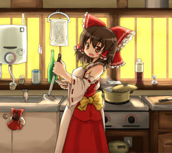 Rule 34 | 2girls, ascot, blush, bottle, bow, breasts, brown eyes, brown hair, cabinet, collared shirt, commentary request, cookie (touhou), cooking pot, cowboy shot, detached sleeves, dress, frilled bow, frilled hair tubes, frilled shirt collar, frills, hair between eyes, hair bow, hair tubes, hakurei reimu, indoors, kanna (cookie), kitchen, knb (nicoseiga53198051), ladle, looking at viewer, looking to the side, medium breasts, medium hair, mini person, minigirl, multiple girls, open mouth, oven, pepper shaker, red bow, red dress, red shirt, red skirt, ribbon-trimmed sleeves, ribbon trim, sakenomi (cookie), salt shaker, shirt, sidelocks, sink, skirt, skirt set, sleeveless, sleeveless dress, sleeveless shirt, smile, stove, touhou, water, white sleeves, wide sleeves, yellow ascot