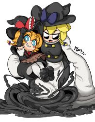 Rule 34 | 2girls, apron, black capelet, black dress, black eyes, black gloves, blonde hair, blue bow, blue eyes, bow, braid, bright pupils, capelet, carrying, commentary request, cookie (touhou), dated, dress, elbow gloves, extra eyes, flying, frilled bow, frills, full body, gloves, grin, hair between eyes, hair bow, hat, hat bow, highres, kirisame marisa, long hair, looking at viewer, medium hair, meguru (cookie), multiple girls, open mouth, purple bow, red bow, side braid, simple background, single braid, sleeves past wrists, slime (substance), smile, teeth, tetugakuzonbi, touhou, white apron, white background, white pupils, witch hat, yuuhi (cookie)