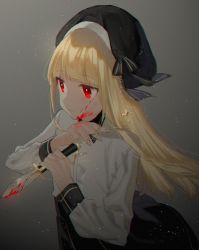 Rule 34 | 1girl, bad id, bad pixiv id, black hat, black skirt, blonde hair, blood, blood on face, bloody knife, blouse, bow, chromatic aberration, commentary, cross, from side, grey background, hat, highres, holding, holding weapon, knife, long hair, long sleeves, looking to the side, original, red eyes, shirt, simple background, skirt, smile, solo, upper body, weapon, yomiya sateko