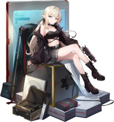 Rule 34 | 1girl, ankle boots, bare legs, belt, belt collar, black footwear, black gloves, black jacket, blonde hair, blue eyes, blunt bangs, boots, breasts, briefcase, cleavage, collar, crop top, crossed legs, elf, eversoul, fingerless gloves, full body, game cg, gloves, grey skirt, gun, highres, holding, holding gun, holding weapon, jacket, long hair, long sleeves, looking at viewer, medium breasts, midriff, miriam (eversoul), non-web source, official alternate costume, official alternate hairstyle, official art, pointy ears, screen, sitting, skirt, solo, tachi-e, target, transparent background, twintails, weapon