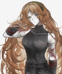 Rule 34 | 1girl, arm up, bandaged arm, bandages, black pants, black shirt, blood, blood on face, bloody bandages, breasts, closed mouth, covered collarbone, green eyes, hairband, hand up, highres, ishmael (project moon), large breasts, limbus, limbus company, long hair, luull, orange hair, pants, project moon, shirt, sleeveless, sleeveless shirt, solo, very long hair