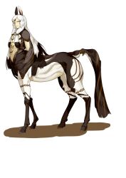 1boy animal_ears blind brown_eyes centaur closed_eyes colored_eyelashes colored_tips commentary_request full_body highres horse_ears long_hair male_focus meziro001 multicolored_hair original simple_background solo standing taur very_long_hair white_background white_hair