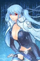 Rule 34 | 1girl, belt, blue hair, breasts, cleavage, coat, earrings, jewelry, large breasts, long hair, lowres, luthica preventer, open clothes, red eyes, skirt, solo, sword, sword girls, twintails, weapon