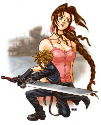 Rule 34 | 00s, 1boy, 1girl, 2000s (style), aerith gainsborough, armor, asymmetrical arms, black gloves, black pants, black shirt, blonde hair, boots, braid, breasts, brown hair, buster sword, buttons, choker, cleavage, cloud strife, dress, fighting stance, final fantasy, final fantasy vii, final fantasy vii advent children, full body, gloves, green eyes, hair ribbon, high collar, holding, holding weapon, jacket, unworn jacket, jewelry, keith (keith&#039;s workshop), kneeling, necklace, pants, parted bangs, parted lips, pink dress, pink ribbon, ribbon, shirt, shoulder armor, sidelocks, spiked hair, square enix, strap, upper body, weapon