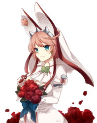 Rule 34 | 1girl, ahoge, animal ears, blue bow, blue eyes, blush, bow, breasts, bridal veil, cleavage, closed mouth, clover, dress, earrings, elphelt valentine, fake animal ears, flower, four-leaf clover, guilty gear, guilty gear xrd, huge ahoge, jewelry, koto (shiberia39), large breasts, petals, pink hair, rabbit ears, red flower, red rose, rose, short hair, simple background, smile, solo, veil, wedding dress, white background
