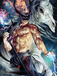 Rule 34 | 1boy, 1other, abs, copyright name, electricity, fire, horns, legend of the cryptids, long hair, magic, male focus, mask, nail polish, official art, red eyes, scar, topless male, skull, solo focus, staff, white hair