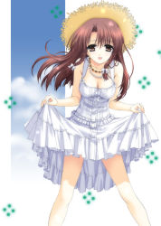 Rule 34 | 1girl, :d, aoikim, braid, breasts, brown eyes, brown hair, character request, cleavage, dress, hat, jewelry, kimizuka aoi, long hair, necklace, open mouth, smile, solo, sun hat, sundress, twin braids, white dress