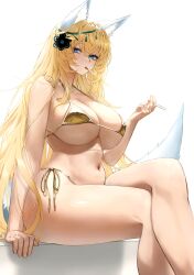 Rule 34 | 1girl, absurdres, animal ear fluff, animal ears, bare arms, bare shoulders, bikini, blonde hair, blue eyes, breasts, caffeine500mg, cigarette, commission, crossed legs, feet out of frame, fox ears, fox tail, hair between eyes, hair ornament, halterneck, highres, holding, holding cigarette, large breasts, long hair, looking at viewer, micro bikini, navel, original, simple background, sitting, skindentation, smoking, solo, stomach, string bikini, swimsuit, tail, underboob, very long hair, white background