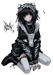 Rule 34 | 1girl, absurdres, animal ear headwear, animal ears, apron, black eyes, black footwear, black hair, black jacket, black shirt, blush, boots, borrowed character, chain, chain necklace, closed mouth, collar, cross, cross necklace, fake animal ears, hairband, heart, highres, jacket, jewelry, lolita hairband, looking at viewer, maid apron, miffy, miffy (character), necklace, off shoulder, original, shirt, simple background, solo, spiked collar, spikes, thank you, thighhighs, torichikushou, white background, white thighhighs