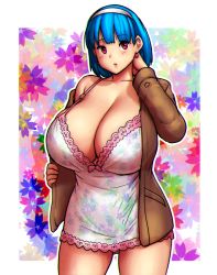 Rule 34 | 1girl, arm behind head, babydoll, blue hair, blush, border, breasts, brown jacket, camisole, cleavage, cowboy shot, curvy, dot nose, erkaz, facing viewer, floral background, floral print, headband, highres, huge breasts, jacket, lingerie, looking at viewer, no bra, open clothes, open jacket, original, outline, outside border, parted lips, plunging neckline, red eyes, rina atherina, short hair, solo, standing, strap gap, underwear, white border, white outline