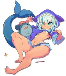 Rule 34 | 1girl, angry, animal costume, animal hood, areola slip, barefoot, bloop (gawr gura), blue eyes, blue hair, blue hoodie, blue nails, blunt bangs, breasts, claw pose, clothing cutout, commentary, embarrassed, english commentary, fins, fish tail, full body, gawr gura, gawr gura (1st costume), grey hair, hololive, hololive english, hood, hood up, hoodie, long sleeves, medium hair, multicolored hair, nail polish, nervous sweating, no bra, no pants, shark costume, shark girl, shark hood, shark tail, sharp teeth, simple background, small breasts, solo, starmilk, streaked hair, sweat, tail, teeth, thick thighs, thighs, transparent background, twitter username, underboob, very sweaty, virtual youtuber, wide sleeves