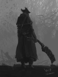 Rule 34 | 1other, ambiguous gender, bloodborne, boots, capelet, coat, from behind, gloves, greyscale, hat, highres, holding, hunter (bloodborne), monochrome, saw, saw cleaver, sketch, solo, standing, tree, tricorne, tripdancer, weapon