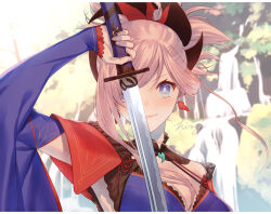 Rule 34 | 1girl, blue eyes, blue kimono, blush, breasts, cleavage, closed mouth, commentary, detached sleeves, earrings, fate/grand order, fate (series), fingernails, floating hair, hair ornament, hiiragi (karashriker), holding, holding sword, holding weapon, japanese clothes, jewelry, katana, kimono, large breasts, looking at viewer, magatama, magatama necklace, miyamoto musashi (fate), necklace, pink hair, pink nails, ponytail, signature, smile, solo, sword, weapon