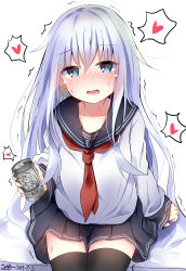 Rule 34 | 1girl, :d, absurdres, black sailor collar, black skirt, black thighhighs, blue eyes, blush, can, collarbone, commentary request, dated, dreamusun, hair between eyes, heart, hibiki (kancolle), highres, holding, holding can, kantai collection, long hair, long sleeves, looking at viewer, neckerchief, nose blush, open mouth, pleated skirt, red neckerchief, rensouhou-chan, sailor collar, shirt, signature, silver hair, skirt, sleeves past wrists, smile, solo, spoken heart, sweat, thighhighs, trembling, very long hair, white background, white shirt