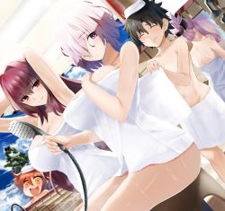 Rule 34 | 1boy, 4girls, aged down, back, bare shoulders, bathhouse, bathing, black hair, blush, breasts, closed mouth, fate/grand order, fate (series), fujimaru ritsuka (female), fujimaru ritsuka (male), hair ornament, hair over one eye, large breasts, light purple hair, long hair, looking at viewer, mash kyrielight, miyamoto musashi (fate), multiple girls, nicky w, one side up, orange eyes, orange hair, pink hair, ponytail, purple eyes, purple hair, red eyes, riyo (lyomsnpmp) (style), scathach (fate), short hair, shower head, side ponytail, sitting, smile, spiked hair, thighs, towel