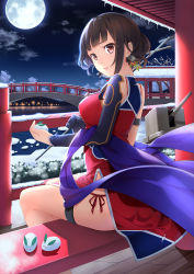 Rule 34 | 1girl, architecture, ass, blue gloves, blunt bangs, bra strap, bridge, brown hair, bush, cannon, chinese clothes, closed mouth, cloud, detached sleeves, dress, east asian architecture, ello, gloves, glowing, hair bun, hair ornament, hair stick, head tilt, highres, holding, ice, long hair, looking at viewer, mole, mole under eye, moon, mountain, night, night sky, panties, red dress, red eyes, red panties, river, shadow, shawl, side-tie panties, side slit, single glove, single hair bun, sitting, sky, snow, snow rabbit, solo, string panties, thigh strap, turret, underwear, warship girls r, water, yat sen (warship girls r)
