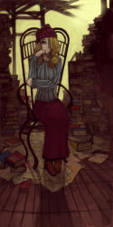 Rule 34 | 1girl, beanie, blonde hair, book, book stack, boots, building, chair, head rest, green eyes, hair over one eye, hat, highres, lack, light, long skirt, paper, ruins, sitting, skirt, smile, solo, sweater, wall