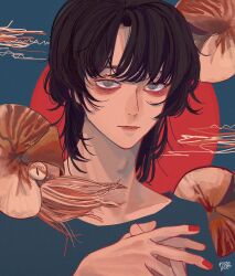 Rule 34 | 1boy, bishounen, black hair, blue background, blue shirt, brown eyes, closed mouth, highres, kagoya1219, looking at viewer, male focus, medium hair, nautilus (animal), original, own hands together, red background, red nails, shirt, signature, slit pupils, solo, upper body