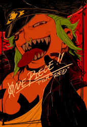 Rule 34 | !, !!, 1boy, alternate costume, bartolomeo, black hat, chest tattoo, commentary, commentary request, english commentary, english text, green hair, hat, highres, jewelry, larugo0513, male focus, mixed-language commentary, necklace, nose piercing, nose ring, one piece, one piece film: red, open mouth, piercing, ring, ring necklace, sharp teeth, short hair, smile, solo, tattoo, teeth, tongue, tongue out