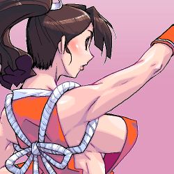 Rule 34 | 1girl, back, breasts, brown hair, cleavage, fatal fury, high ponytail, huge breasts, japanese clothes, large breasts, lowres, matagitii, muscular, no bra, pink background, ponytail, rope, shiranui mai, sideboob, snk, solo, the king of fighters