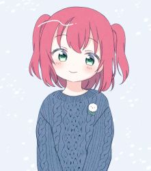 Rule 34 | 1girl, arms at sides, badge, black sweater, blue background, blush, button badge, commentary request, green eyes, head tilt, highres, kurosawa ruby, long sleeves, looking at viewer, love live!, love live! sunshine!!, red hair, short hair, smile, solo, sweater, two side up, upper body, yashino 84
