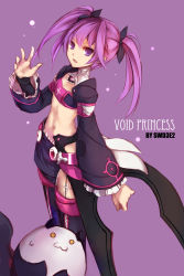 Rule 34 | 1girl, :3, aisha landar, angkor (elsword), artist name, bad id, bad pixiv id, bandeau, character name, creature, cross, elsword, highres, long hair, looking at viewer, navel, purple background, purple eyes, purple hair, purple skirt, purple theme, skirt, smile, solo, swd3e2, thighhighs, twintails, void princess, void princess (elsword)