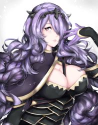 Rule 34 | 1girl, absurdres, armor, between breasts, black armor, breasts, bursting breasts, camilla (fire emblem), capelet, cleavage, eyelashes, fire emblem, fire emblem fates, hair over one eye, hand to head, hand up, highres, jackii, large breasts, lips, long hair, looking at viewer, nintendo, open mouth, parted lips, pink lips, purple eyes, purple hair, sidelocks, solo, tiara, vambraces, very long hair, wavy hair