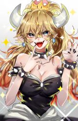 Rule 34 | 1girl, armlet, bare arms, black bracelet, black choker, black dress, black nails, blonde hair, bowsette, bracelet, breasts, choker, claw pose, cleavage, collarbone, colored tips, commentary, dress, earrings, eyelashes, fangs, finger to mouth, fingernails, gradient background, grey background, grey eyes, high ponytail, highres, horns, jewelry, large breasts, light blush, long hair, looking at viewer, mario (series), multicolored hair, new super mario bros. u deluxe, nintendo, open mouth, pointy ears, red hair, sharp fingernails, sharp teeth, smile, solo, sparkle, sphere earrings, spiked armlet, spiked bracelet, spiked choker, spikes, strapless, strapless dress, super crown, suzune hapinesu, symbol-only commentary, teeth, upper body, upper teeth only, v-shaped eyebrows, white horns