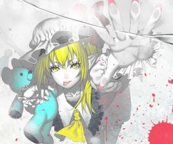 Rule 34 | 1girl, asymmetrical hair, bent over, blonde hair, blood, blood splatter, collarbone, crack, dress, flandre scarlet, fourth wall, hat, hat ribbon, looking at viewer, mob cap, ogino (oginogino), outstretched arm, outstretched hand, pointy ears, red dress, ribbon, side ponytail, solo, stuffed animal, stuffed toy, teddy bear, tongue, tongue out, touhou, wings, yellow eyes