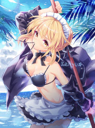 Rule 34 | 1girl, apron, arm up, artist name, artoria pendragon (alter swimsuit rider) (fate), artoria pendragon (alter swimsuit rider) (second ascension) (fate), artoria pendragon (fate), bare shoulders, bikini, bikini top only, black jacket, black ribbon, black skirt, blonde hair, blue sky, blush, breasts, cleavage, collarbone, cowboy shot, day, fate/grand order, fate (series), frilled apron, frilled bikini, frilled bikini top, frills, holding, holding staff, horizon, jacket, long sleeves, looking at viewer, maid, maid bikini, maid headdress, medium breasts, mouth hold, neck ribbon, ocean, off shoulder, open clothes, open jacket, outdoors, ribbon, short hair, sidelocks, skirt, sky, solo, staff, standing, swimsuit, unconventional maid, untied bikini, waist apron, water, white apron, yellow eyes, zenyu