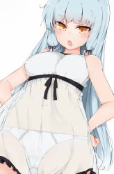 Rule 34 | 10s, 1girl, :o, alternate costume, black ribbon, blue hair, blush, bow, bow panties, breasts, cole (coleltu), cowboy shot, crotch seam, eyebrows, frills, groin, hair ribbon, hands on own hips, kantai collection, lingerie, long hair, looking at viewer, murakumo (kancolle), navel, negligee, open mouth, orange eyes, panties, red ribbon, ribbon, see-through, short eyebrows, silver hair, simple background, solo, strap gap, tress ribbon, underwear, upper body, very long hair, white background, white legwear, white panties, yellow eyes