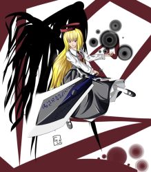 Rule 34 | 1girl, black wings, blonde hair, darkness, ex-rumia, foreshortening, gutchon, halo, long hair, rumia, shirt, skirt, smile, sword, touhou, vest, weapon, wings
