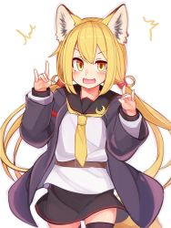Rule 34 | 1girl, ^^^, animal ears, black sailor collar, black skirt, black thighhighs, blonde hair, blush, commentary, crescent, fox ears, fox shadow puppet, fox tail, highres, jacket, kantai collection, long hair, long sleeves, low twintails, open mouth, reitou mikan, sailor collar, satsuki (kancolle), satsuki kai ni (kancolle), school uniform, serafuku, skirt, solo, tail, thighhighs, twintails, yellow eyes, yellow neckwear
