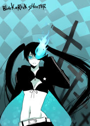 Rule 34 | 10s, 1girl, belt, bikini, bikini top only, black hair, black rock shooter, black rock shooter (character), blue eyes, checkered background, coat, cross, eyelashes, flat chest, front-tie top, gloves, glowing, glowing eye, glowing eyes, hatsune miku, hood, hooded jacket, jacket, latin cross, long hair, midriff, navel, pale skin, shorts, solo, star (symbol), staring, suma (pixiv), swimsuit, twintails, uneven twintails, very long hair, vocaloid, zipper