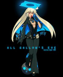 Rule 34 | 1girl, ahoge, alternate color, ankh, bad id, bad twitter id, ball and chain restraint, bell-bottoms, belt, blonde hair, blue hair, bodysuit, breasts, candy, center opening, spiked halo, fingernails over gloves, food, full body, gloves, guilty gear, guilty gear xrd, halo, high heels, highres, huge ahoge, jack-o&#039; valentine, lips, lollipop, long hair, loose belt, m/, mask, unworn mask, medium breasts, multicolored clothes, multicolored gloves, multicolored hair, orange eyes, pants, pumps, robaato, solo, two-tone hair, very long hair
