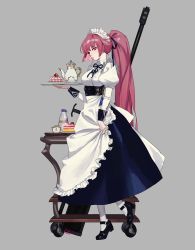 Rule 34 | 1girl, absurdres, apron, artist name, black footwear, blue ribbon, blush, breasts, character name, closed mouth, food, girls&#039; frontline, grey background, hair ornament, hair ribbon, hairclip, highres, holding, holding tray, lips, long hair, looking at viewer, maid, maid apron, maid headdress, ntw-20 (girls&#039; frontline), ntw-20 (the aristocrat experience) (girls&#039; frontline), official alternate costume, ponytail, profile, purple eyes, purple hair, ribbon, skirt hold, sobi (dnenqkswja), solo, standing, standing on one leg, tray, white legwear