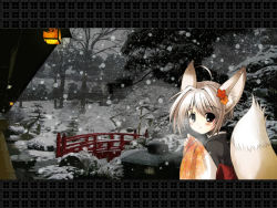 Rule 34 | 1girl, animal ears, artist request, bridge, fox, fox ears, fox tail, japanese clothes, kimono, lantern, snow, snowing, solo, tail, wallpaper