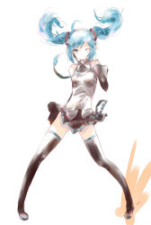 Rule 34 | 1girl, ahoge, aqua hair, artist name, boots, detached sleeves, floating hair, full body, hatsune miku, headset, highres, kowiru, md5 mismatch, necktie, one eye closed, pigeon-toed, resolution mismatch, skirt, solo, source smaller, thigh boots, thighhighs, twintails, vocaloid, white background