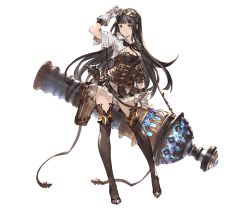 Rule 34 | 10s, 1girl, black dress, black eyes, black hair, black ribbon, black thighhighs, breasts, cannon, cleavage, dress, full body, gloves, goggles, goggles on head, granblue fantasy, huge weapon, jessica (granblue fantasy), long hair, medium breasts, minaba hideo, official art, ribbon, solo, steampunk, thighhighs, transparent background, weapon, white gloves, zettai ryouiki