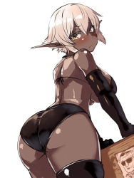 Rule 34 | 1girl, ass, bad id, bad nicoseiga id, belko, black bra, black panties, black thighhighs, blush, bra, breasts, closed mouth, commentary request, dark-skinned female, dark elf, dark skin, de-chan (belko), elf, from behind, grey hair, hip focus, huge ass, large breasts, leaning forward, original, panties, pointy ears, revision, short hair, solo, standing, thick thighs, thighhighs, thighs, underwear, white background, wide hips, yellow eyes