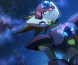 Rule 34 | 1boy, android, axl (mega man), brown hair, closed mouth, commentary request, dutch angle, frown, galaxy, green eyes, helmet, looking afar, male focus, mega man (series), mega man x7, mega man x: command mission, mega man x (series), outdoors, parco 1315, robot, scar, scar on face, sky, solo, sparkle, star (sky), starry sky, upper body