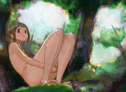 Rule 34 | 1girl, barefoot, brown hair, completely nude, day, feet, female focus, forest, hugging own legs, looking to the side, nature, nude, original, outdoors, ponytail, sitting, solo, tamerai zero, toes, tree