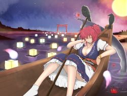 Rule 34 | 1girl, bird, boat, breasts, cleavage, cube85, flower, hair bobbles, hair ornament, highres, lantern, lantern on liquid, large breasts, obon, onozuka komachi, paper lantern, crow, red hair, river, scythe, short hair, short twintails, sitting, smile, solo, spider lily, star (sky), torii, touhou, twilight, twintails, two side up, watercraft