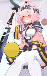 Rule 34 | 1girl, absurdres, arknights, between legs, black bow, black choker, black hairband, blue bow, blush, bow, braid, breasts, choker, closed eyes, closed mouth, female focus, goldenglow (arknights), hair bow, hair ornament, hairband, hairclip, hand between legs, have to pee, highres, holding, holding staff, jacket, lightning bolt symbol, long hair, medium breasts, nose blush, pcaccount13, pink hair, side braid, solo, staff, tearing up, tears, thighhighs, translation request, trembling, urine meter, variant set, white thighhighs