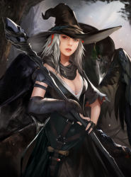 Rule 34 | 1girl, asymmetrical clothes, asymmetrical sleeves, bare shoulders, bare tree, belt, bird, black dress, black gloves, black scarf, breasts, cleavage, crow, dress, expressionless, fantasy, fingerless gloves, forest, frostce, gloves, grey eyes, hair ribbon, hat, highres, holding, landscape, lips, lipstick, long hair, looking at viewer, makeup, nature, original, outdoors, parted lips, pink lips, red eyes, ribbon, scarf, silver hair, solo, standing, stick, teeth, tree, uneven sleeves, witch, witch hat